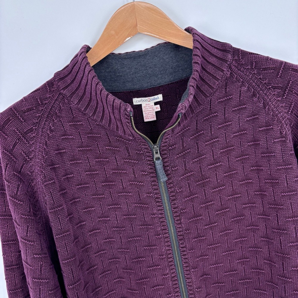 Carbon2Cobalt Full Zip Basketweave Knit Sweater Mens XL Purple Cotton Mock Neck